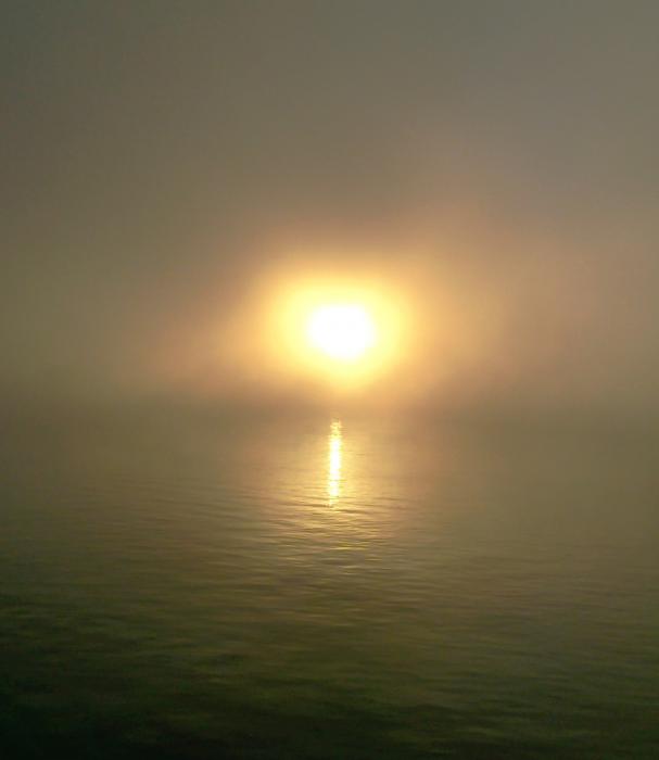 Восход солнца в туман на реке