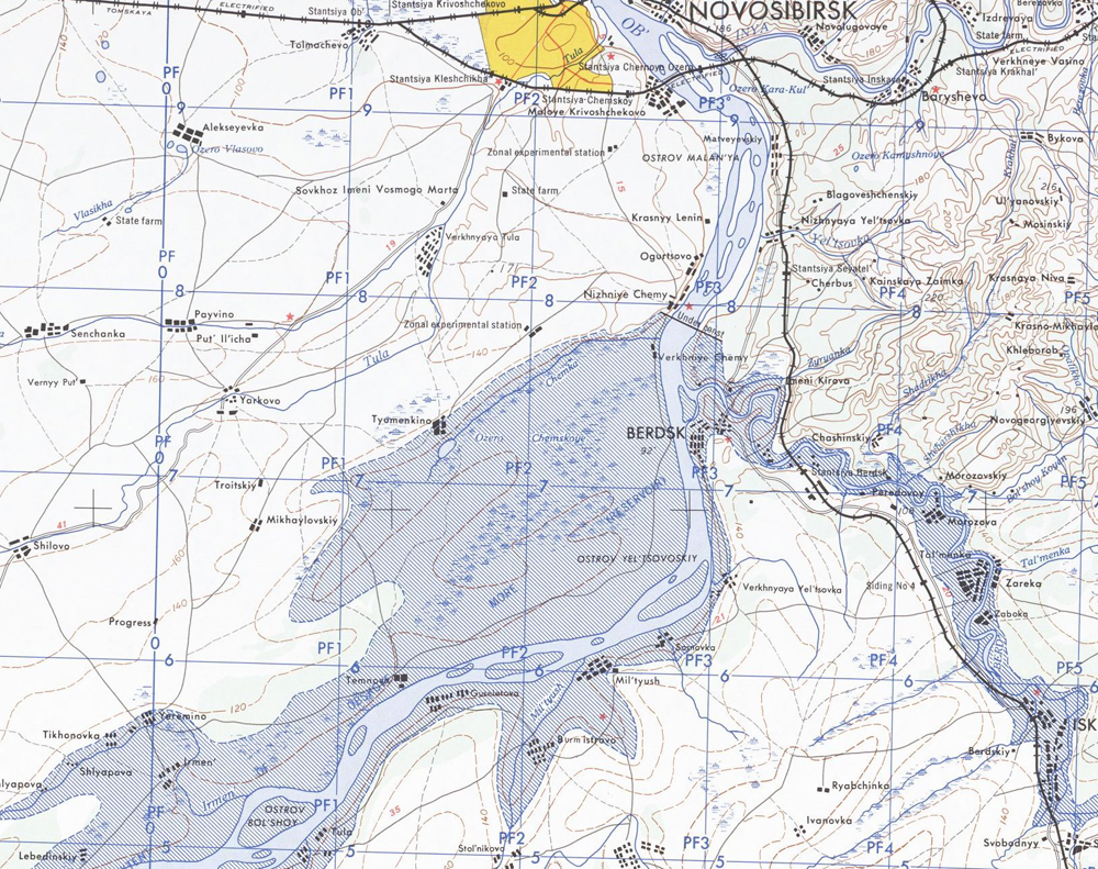 Карта Бердска 1949 г и зона затопления Обского водохранилища