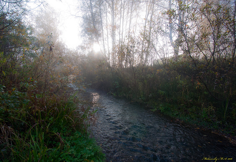 Утро сентябрьское, туман на малой речке.