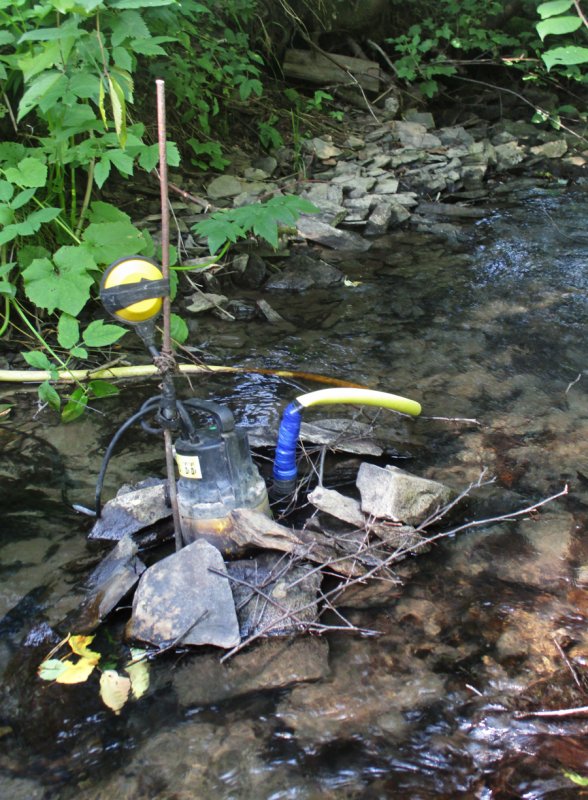 Дачники выкачивают воду на полив из лесного ручья.