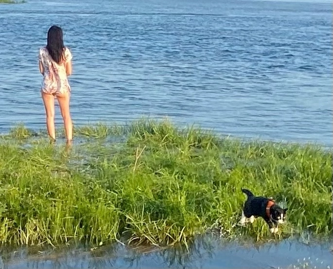 Лето. Маша рыбачит, Кокосик скачет.