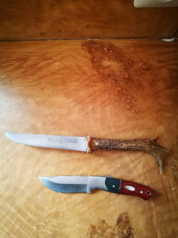 Охотничье-рыболовные ножи, которые работают постоянно. Нож с рукоятью из рога косули зделан мною, и рог от убитой мною косули